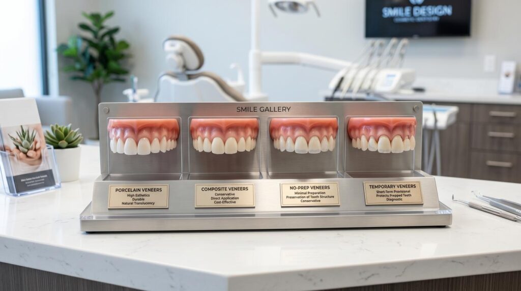 Different types of dental veneers displayed on realistic teeth models.