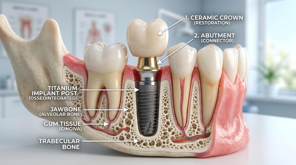 Diagram showing the parts of a dental implant inside the jawbone.