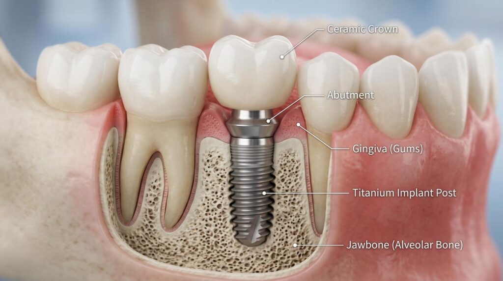 Detailed close-up of a dental implant placed in the jawbone.