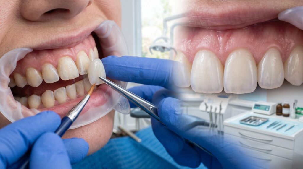 Close-up of porcelain veneers being placed over natural teeth.