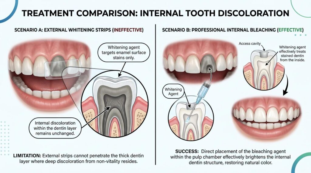 Illustration showing why regular teeth whitening products do not work on internally discoloured dead teeth.