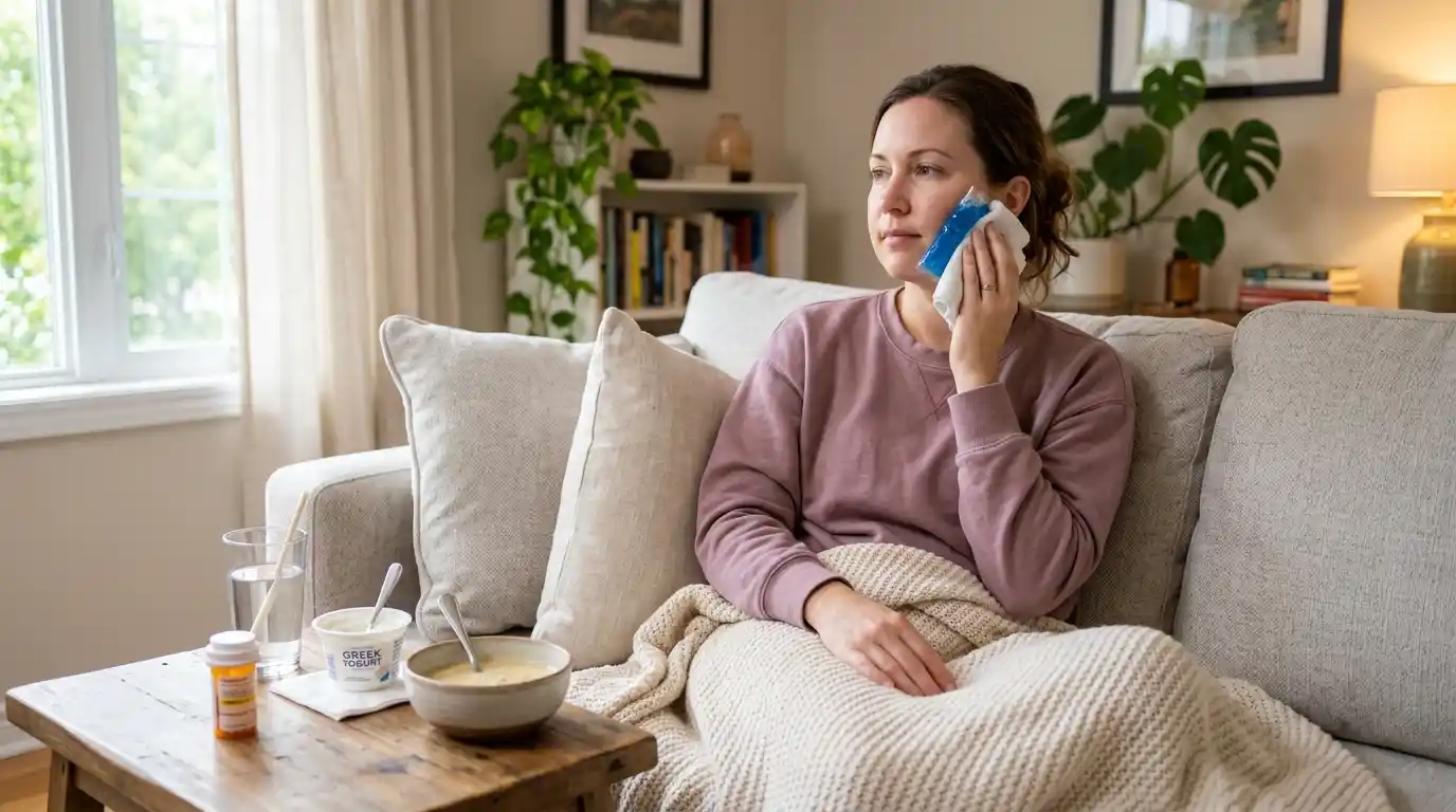 Dental implant recovery at home with cold compress and soft foods in Gilbert AZ