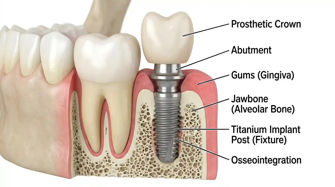 Dental implant structure diagram showing titanium post jawbone fusion and crown placement