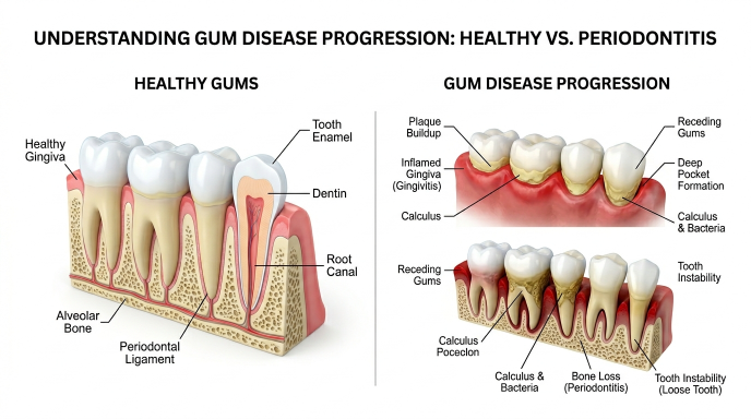 Dental diagram showing gum disease progression leading to tooth loss and bone damage