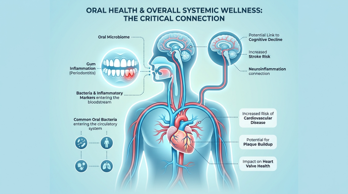 Medical illustration showing connection between oral health and overall body health including heart and diabetes