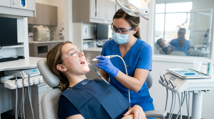Dental hygienist performing professional teeth cleaning to remove plaque and tartar