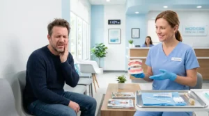 Person with a tooth abscess learning why it should not be drained at home.