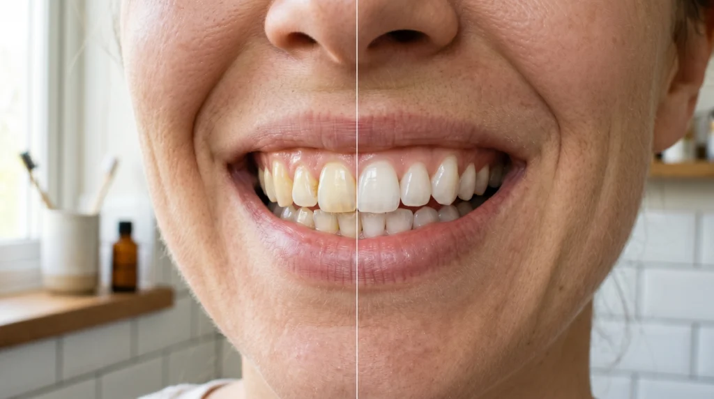 Comparison of mildly yellow teeth and cleaner teeth showing natural whitening through oral care