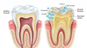 Healthy tooth compared with enamel erosion showing tooth enamel repair and remineralization process.
