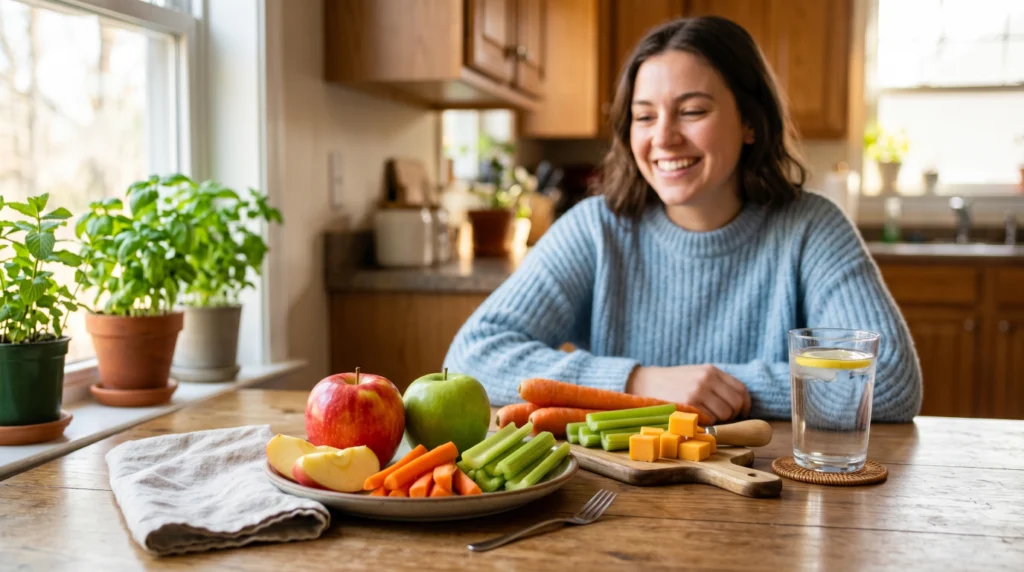 Healthy foods like apples, carrots, and cheese that help maintain naturally whiter teeth