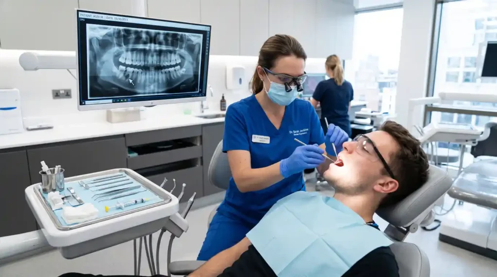 Dentist safely treating and draining a tooth abscess.