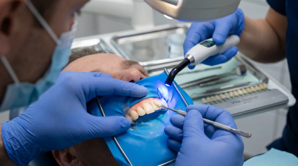 Step-by-step teeth bonding procedure showing composite resin application and curing light treatment.