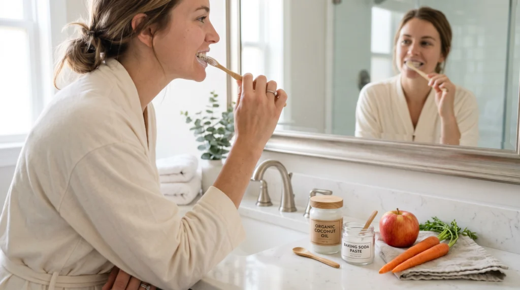 Natural teeth whitening methods at home including brushing, baking soda, coconut oil, and healthy foods