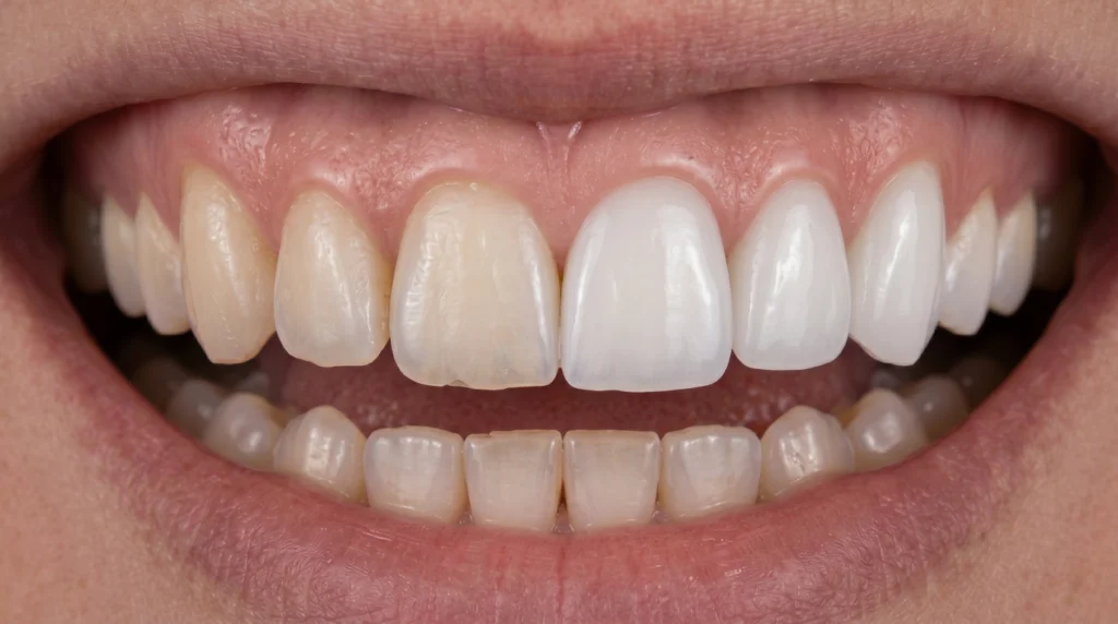 Comparison of dental bonding and porcelain veneers on front teeth.
