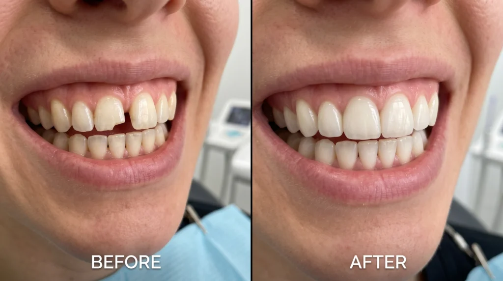 Teeth bonding before and after showing a chipped tooth and small gap repaired with natural-looking composite dental bonding.