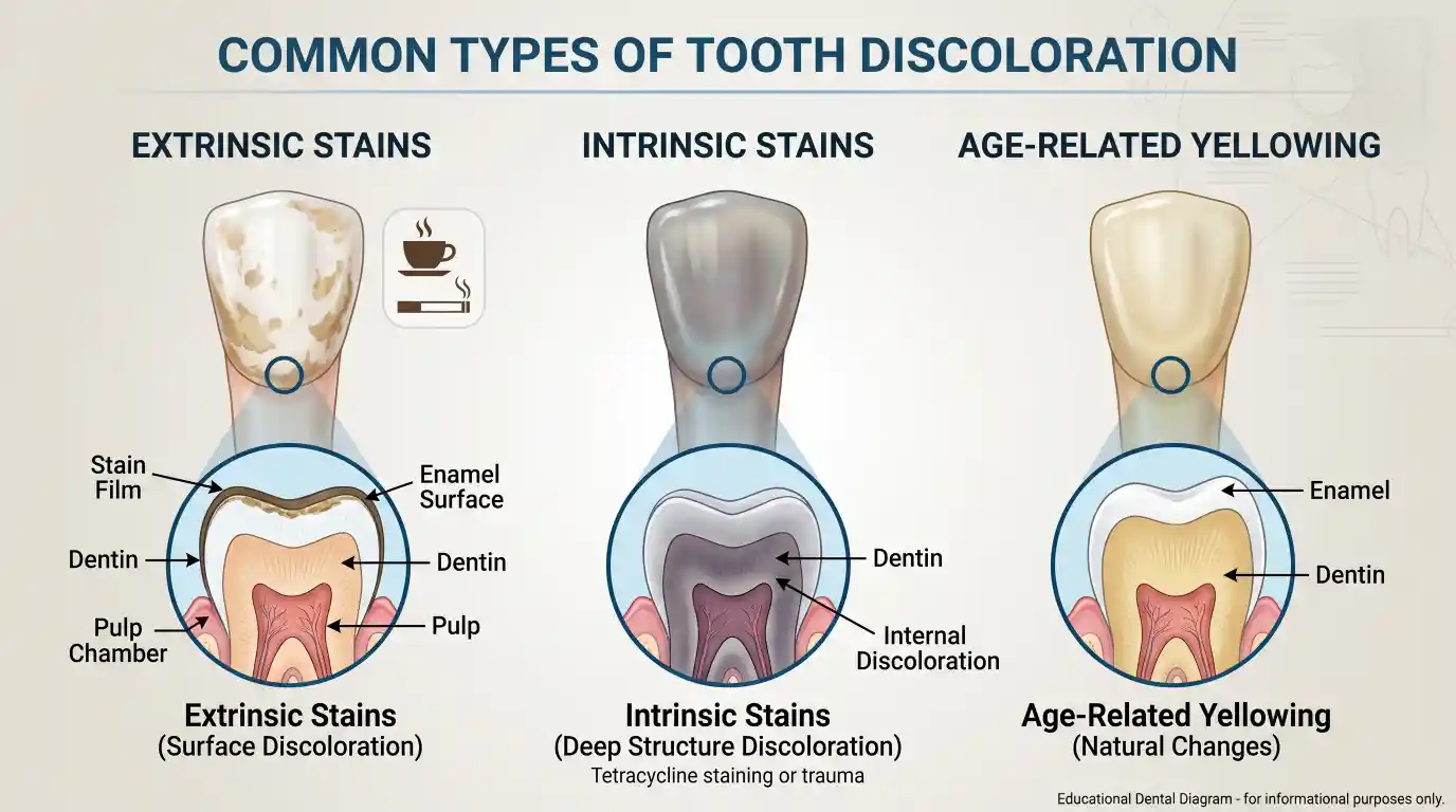 Different types of teeth stains including extrinsic, intrinsic, and age-related discoloration