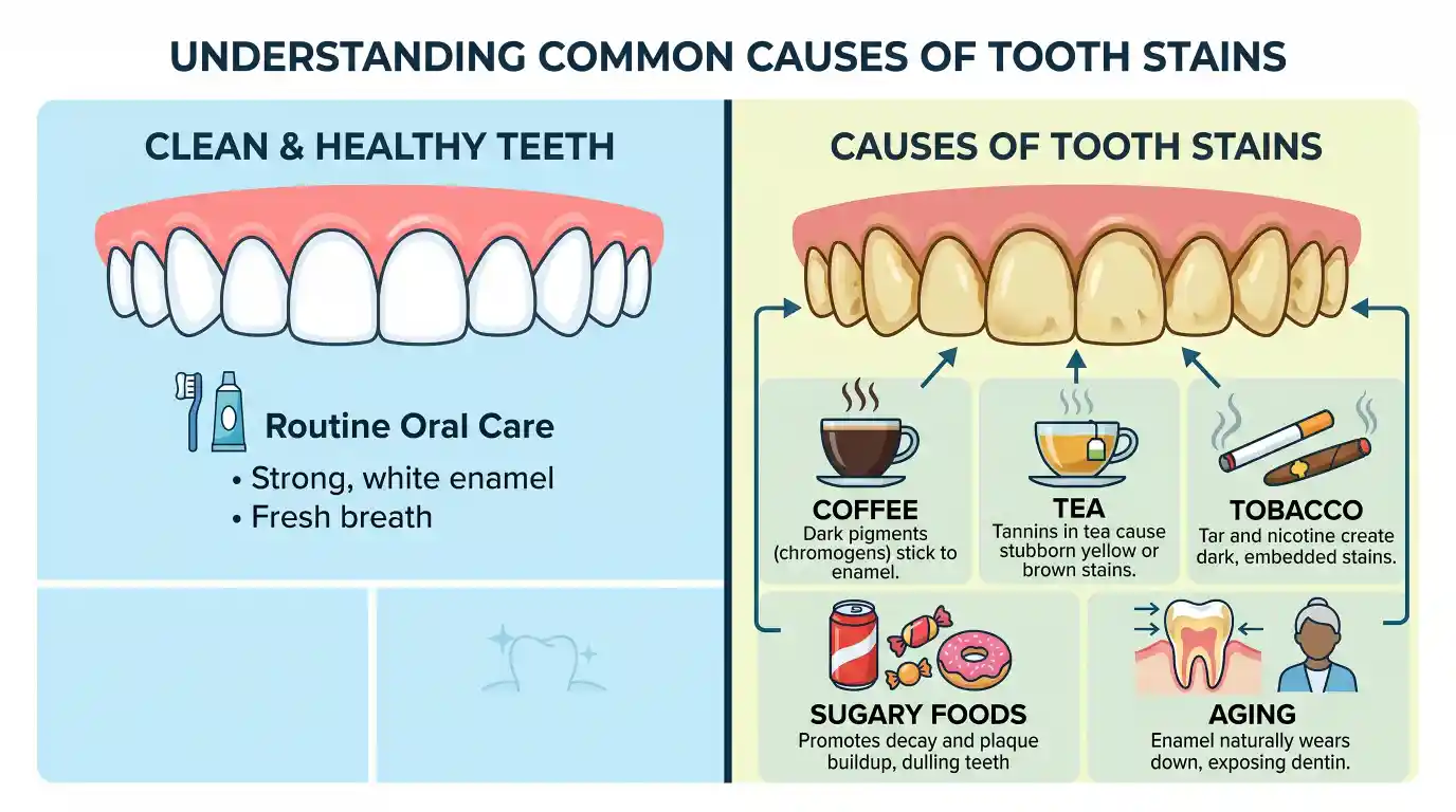 Causes of teeth stains including coffee, tea, smoking, and aging effects on enamel
