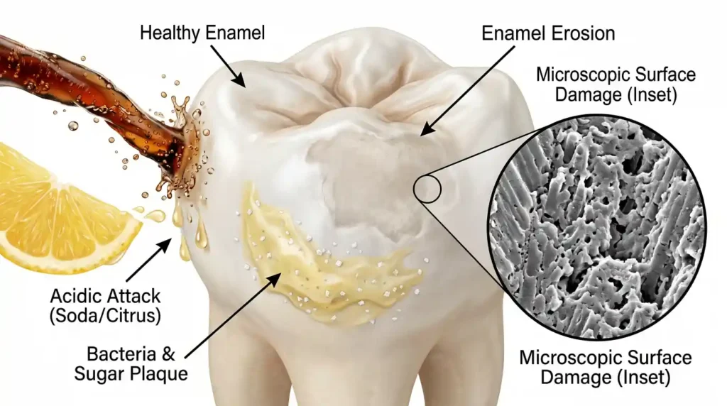 Common causes of tooth enamel erosion including acids sugar and bacteria.