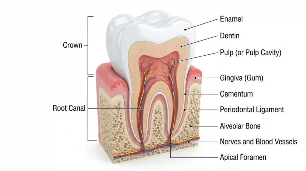Cross-section of a tooth showing enamel dentin and pulp layers.