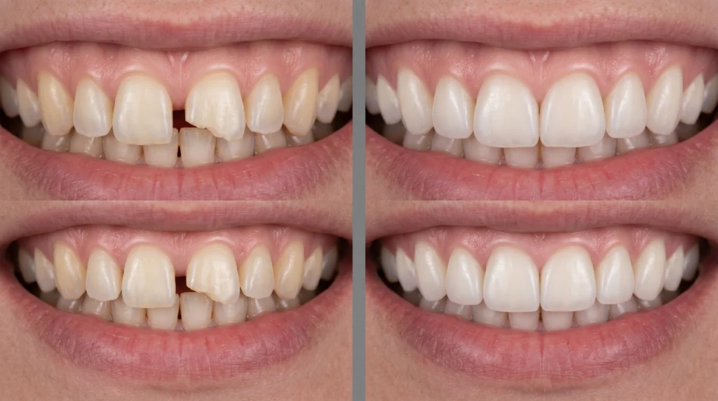Examples of dental bonding used to repair chipped teeth, close gaps, and improve tooth shape.