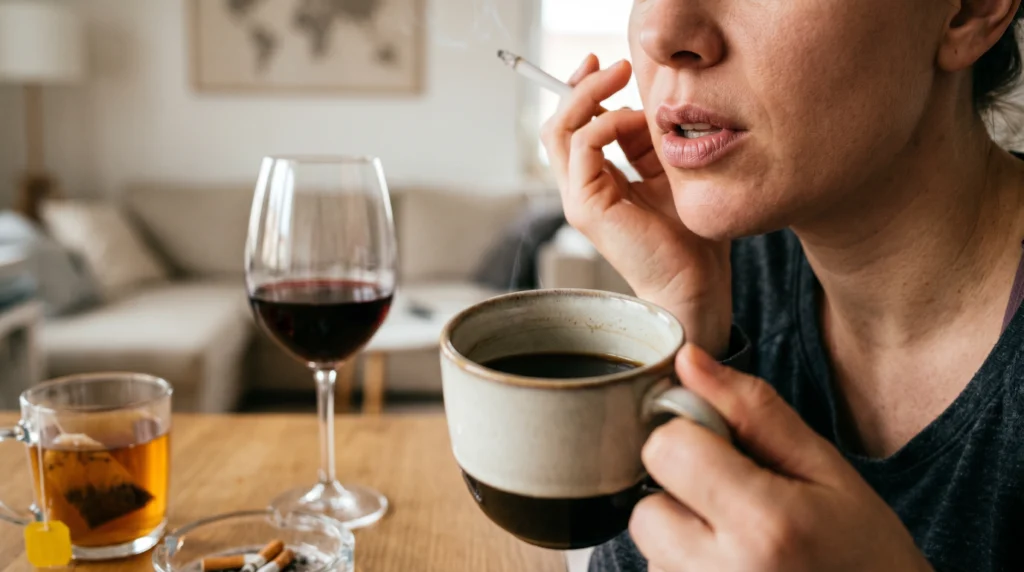 Common causes of yellow teeth including coffee, tea, wine, and smoking shown in a realistic scene