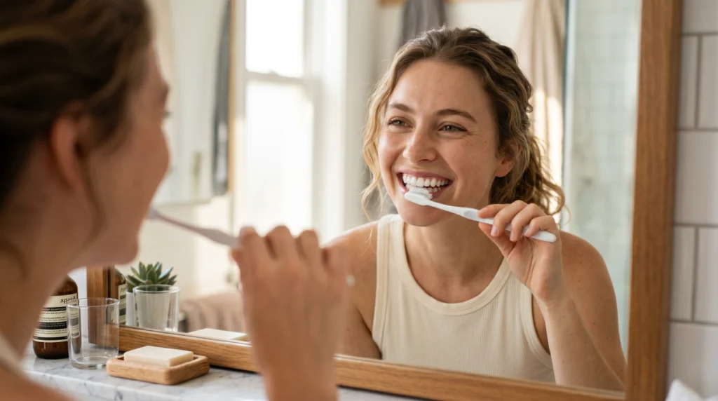 Person smiling in a mirror with naturally white teeth after brushing, showing healthy oral care routine