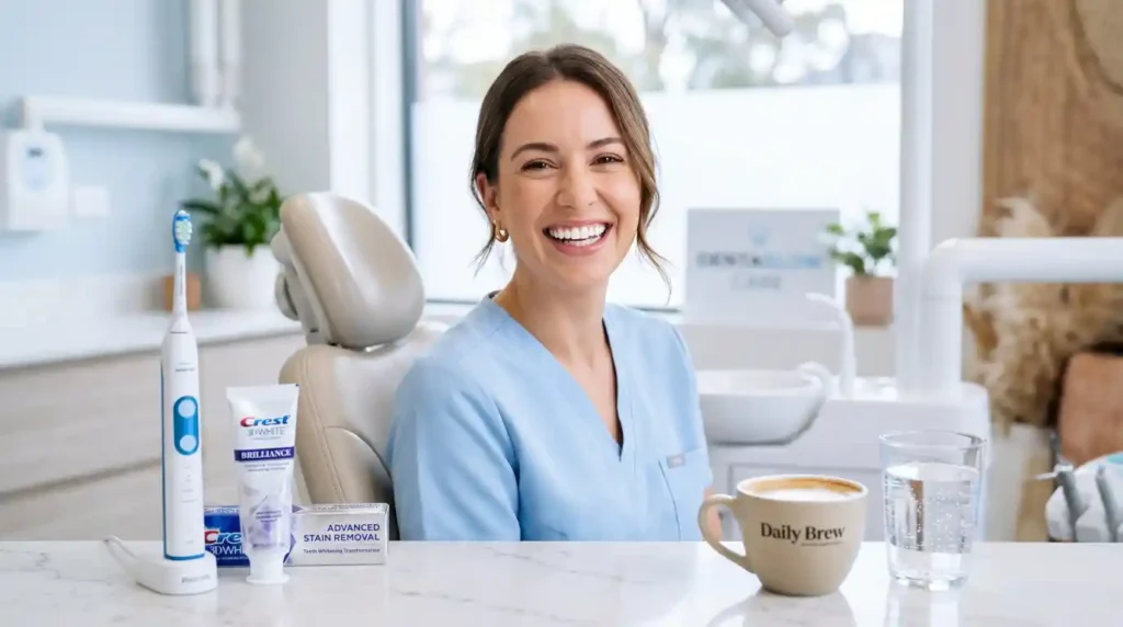 Brighter white smile representing teeth stain removal and whitening dental care process