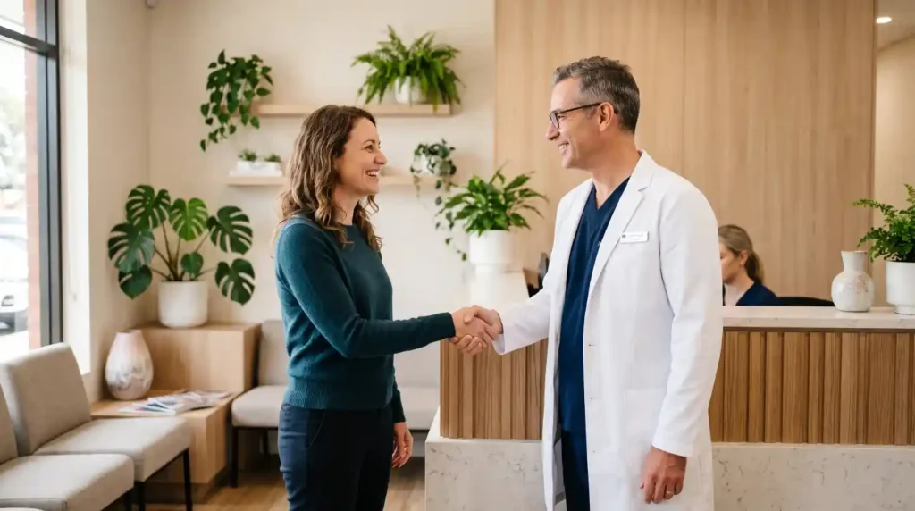 Patient and dentist greeting each other at a dental clinic in Mesa, AZ