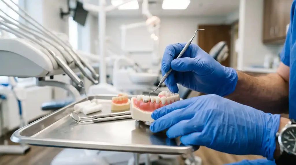 Dental model showing gum tissue used to explain gum graft surgery