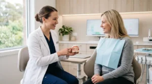Dentist explaining gum graft surgery recovery to a patient using a dental model