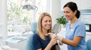 Patient reviewing her naturally white smile with a dental professional in a modern dental office.