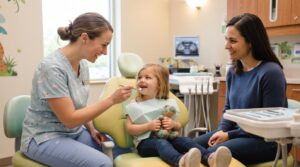 Pediatric dentist talking with a child during a dental visit