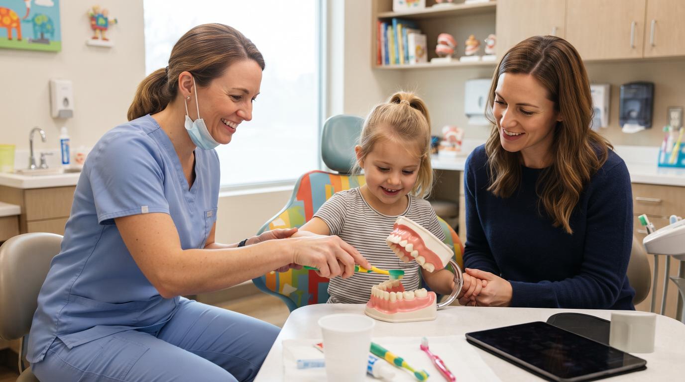 Pediatric dentist teaching a child how to prevent cavities