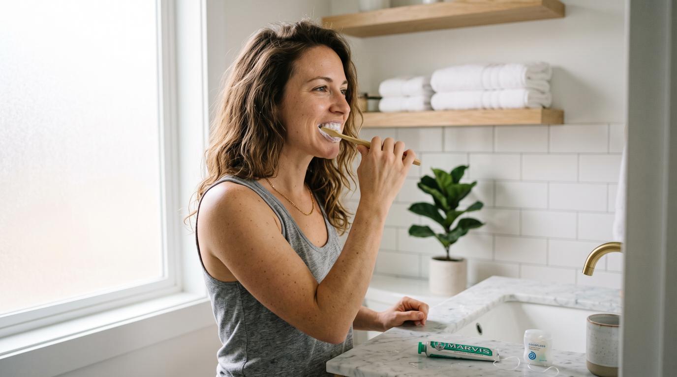 Woman brushing and flossing her teeth as part of a daily oral care routine.