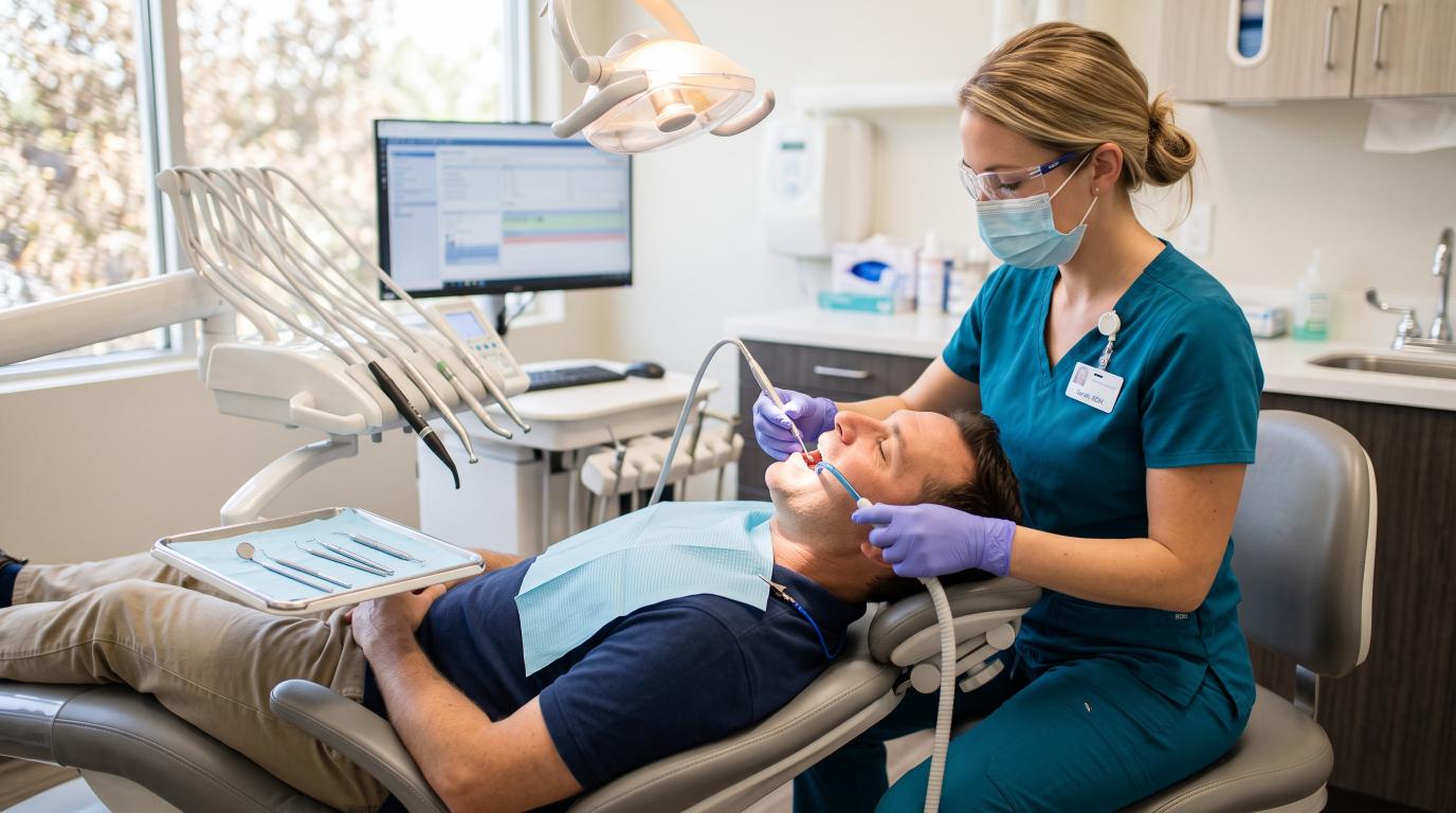 Dental hygienist performing a professional cleaning on an adult patient.