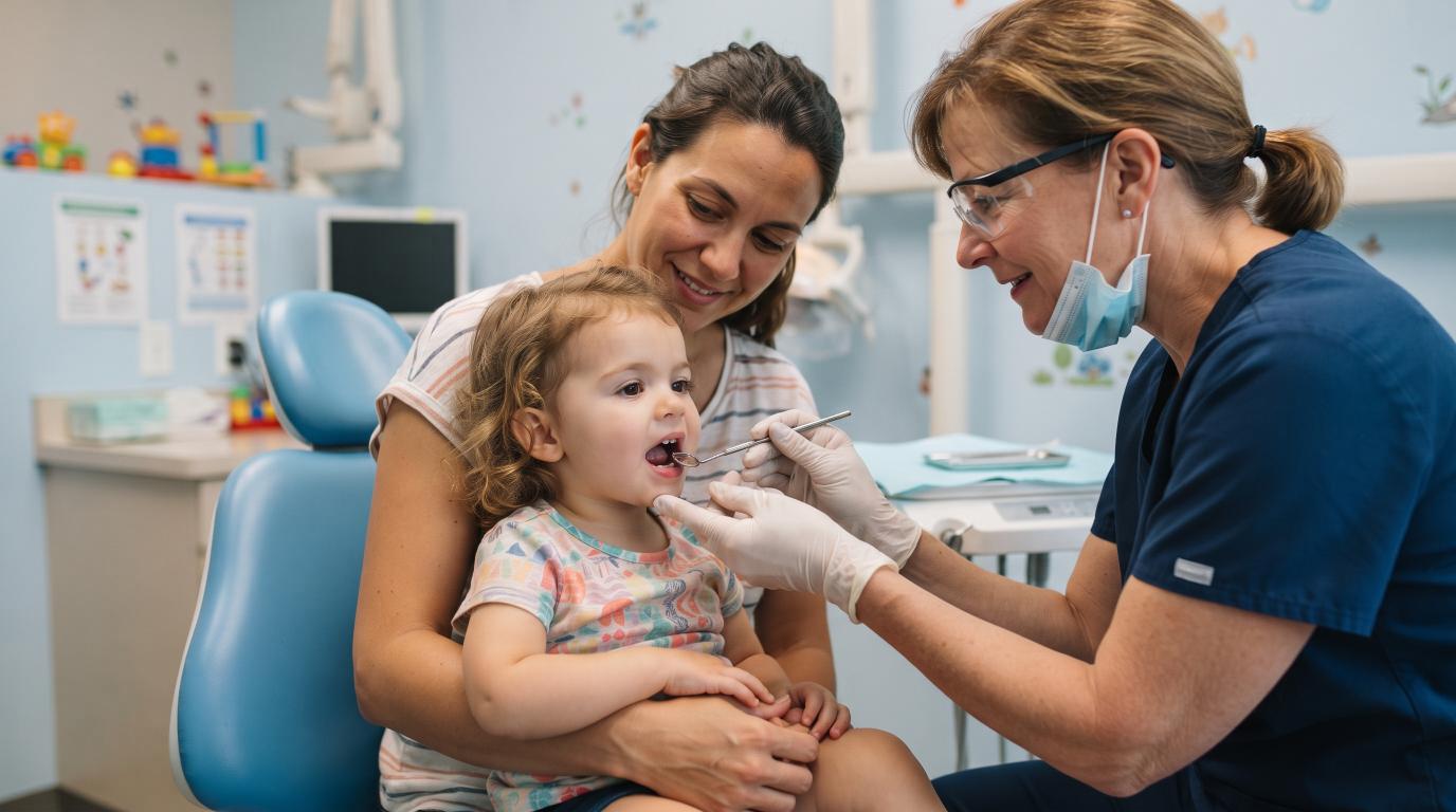 Pediatric dentist examining a toddler’s first teeth