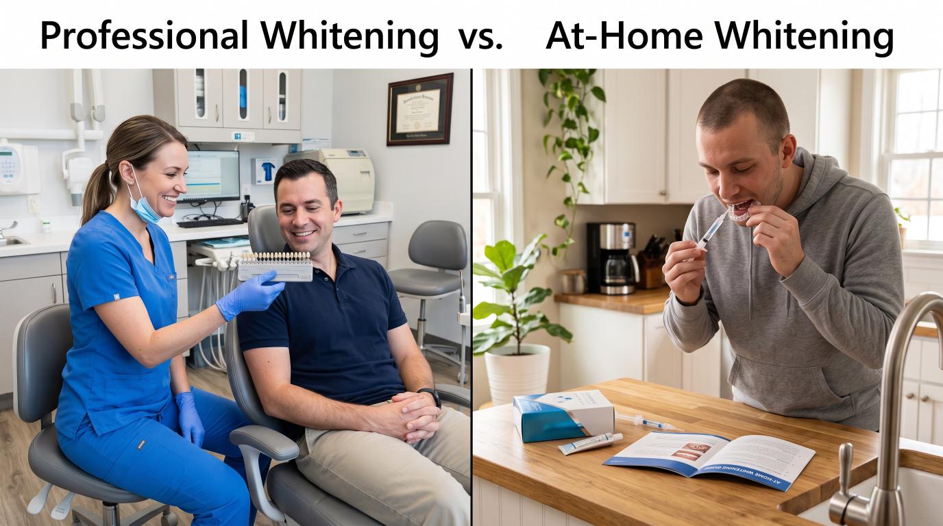 Comparison of professional teeth whitening at a dental office and whitening treatment used at home.