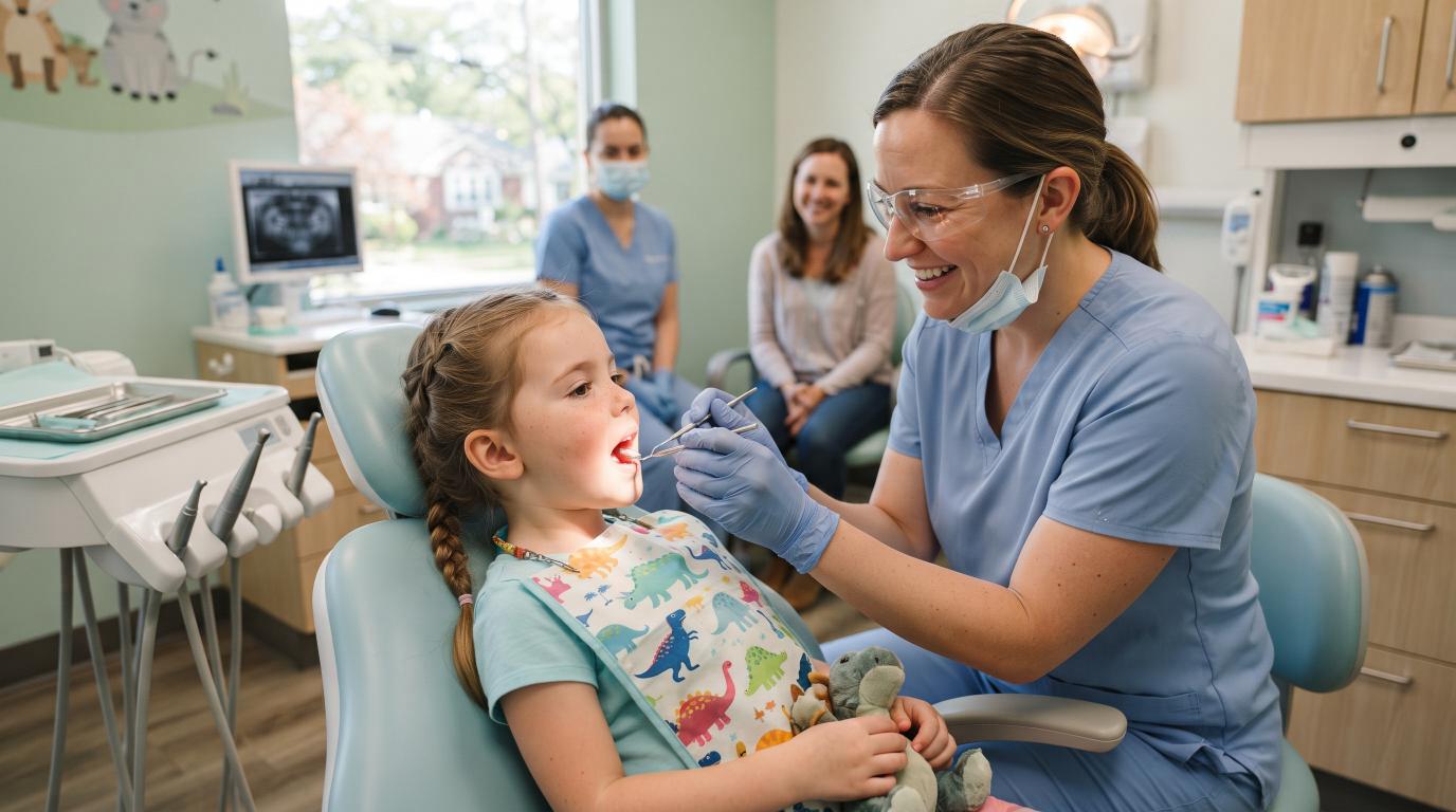 Child receiving a routine dental examination from a pediatric dentist