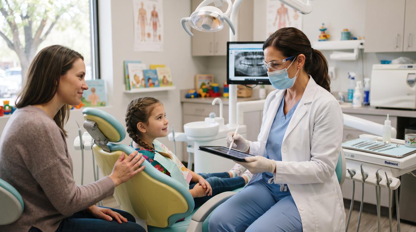 Pediatric dentist preparing for a child’s dental examination