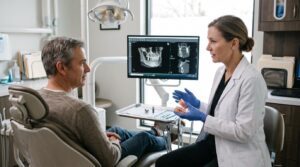 Dental implant safety consultation with dentist reviewing treatment planning