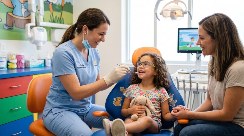 Pediatric dentist examining a child while a parent watches during a dental visit