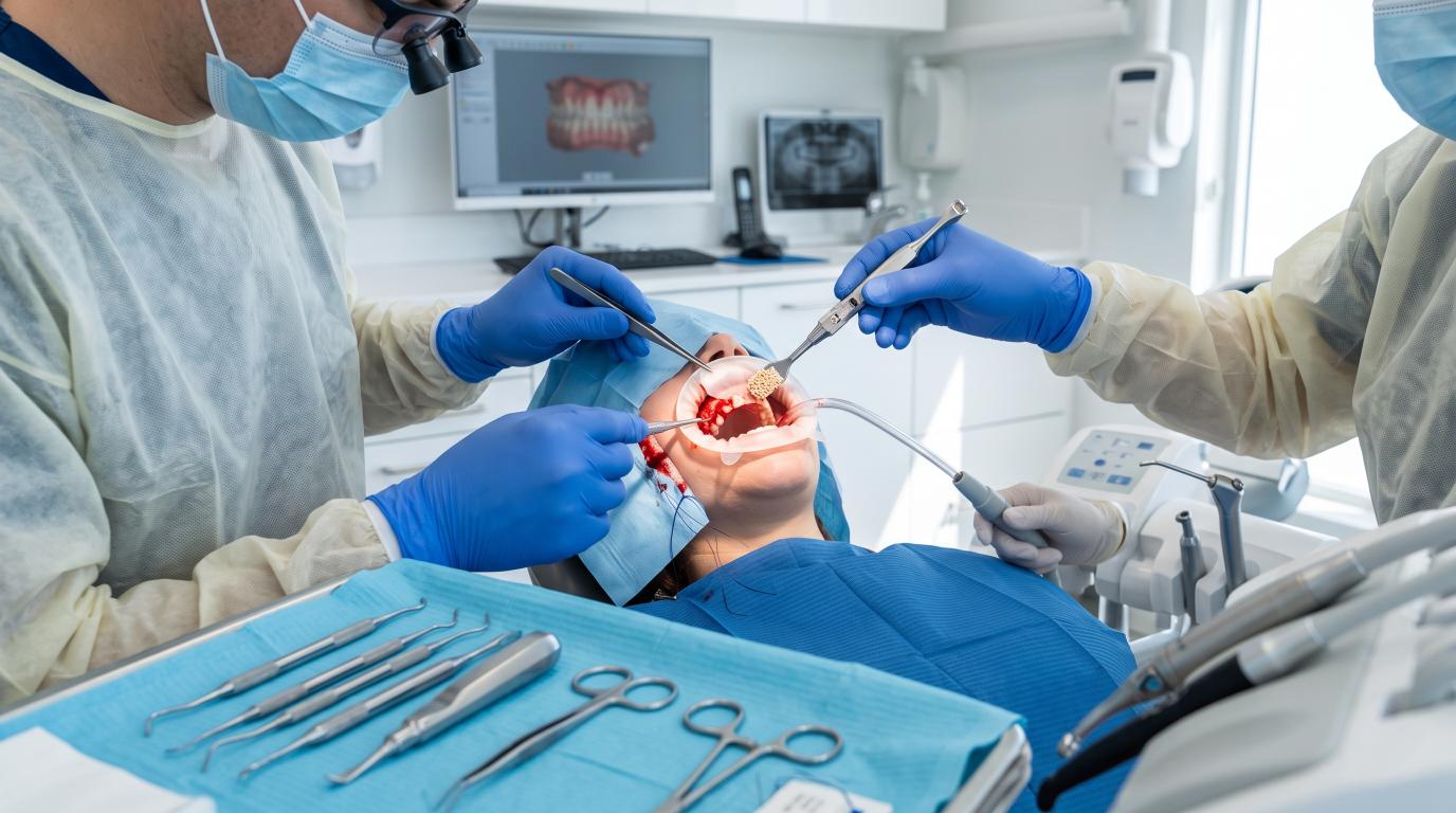 Dentist placing bone graft material into a prepared jaw area