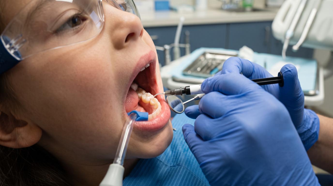 Dentist applying a dental sealant to a child's back tooth