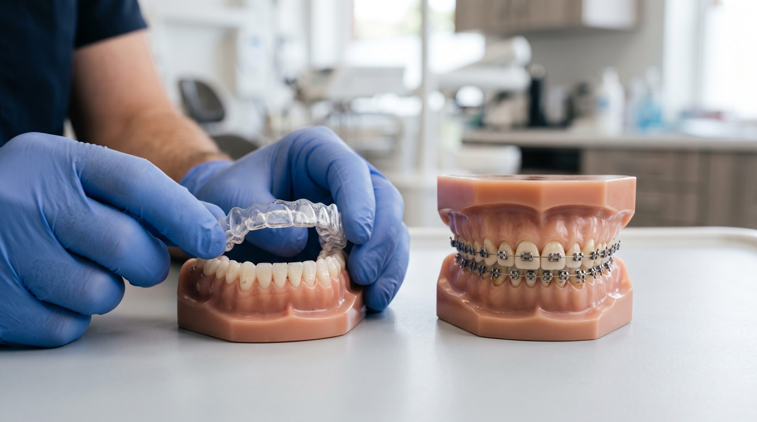 Clear aligner and traditional braces shown during a dental consultation