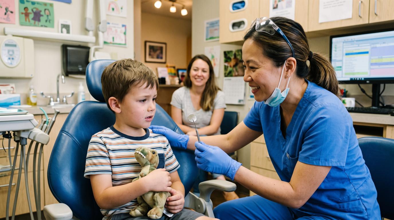 Pediatric dentist showing a dental instrument to help a nervous child feel comfortable