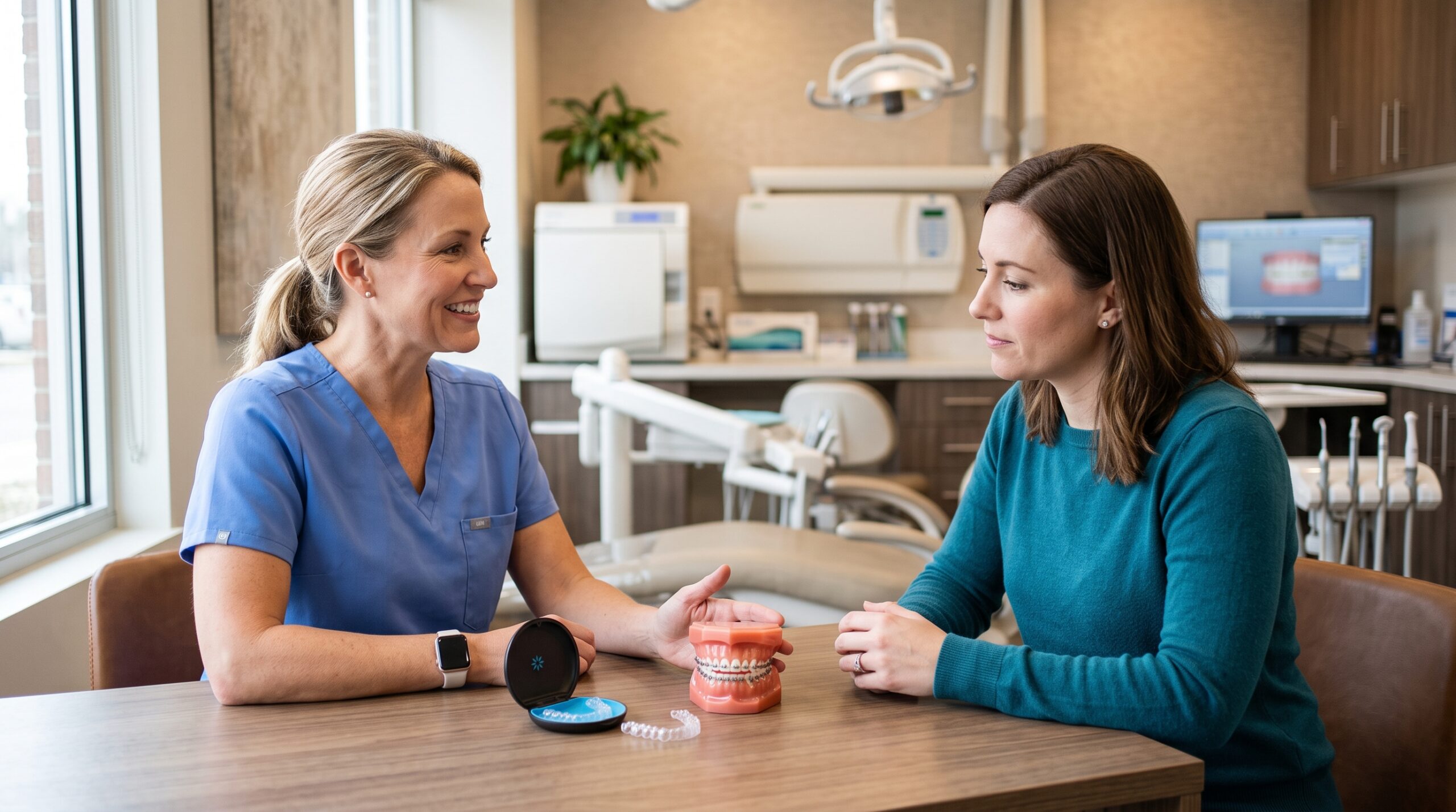 Patient discussing Invisalign and braces options with a dentist