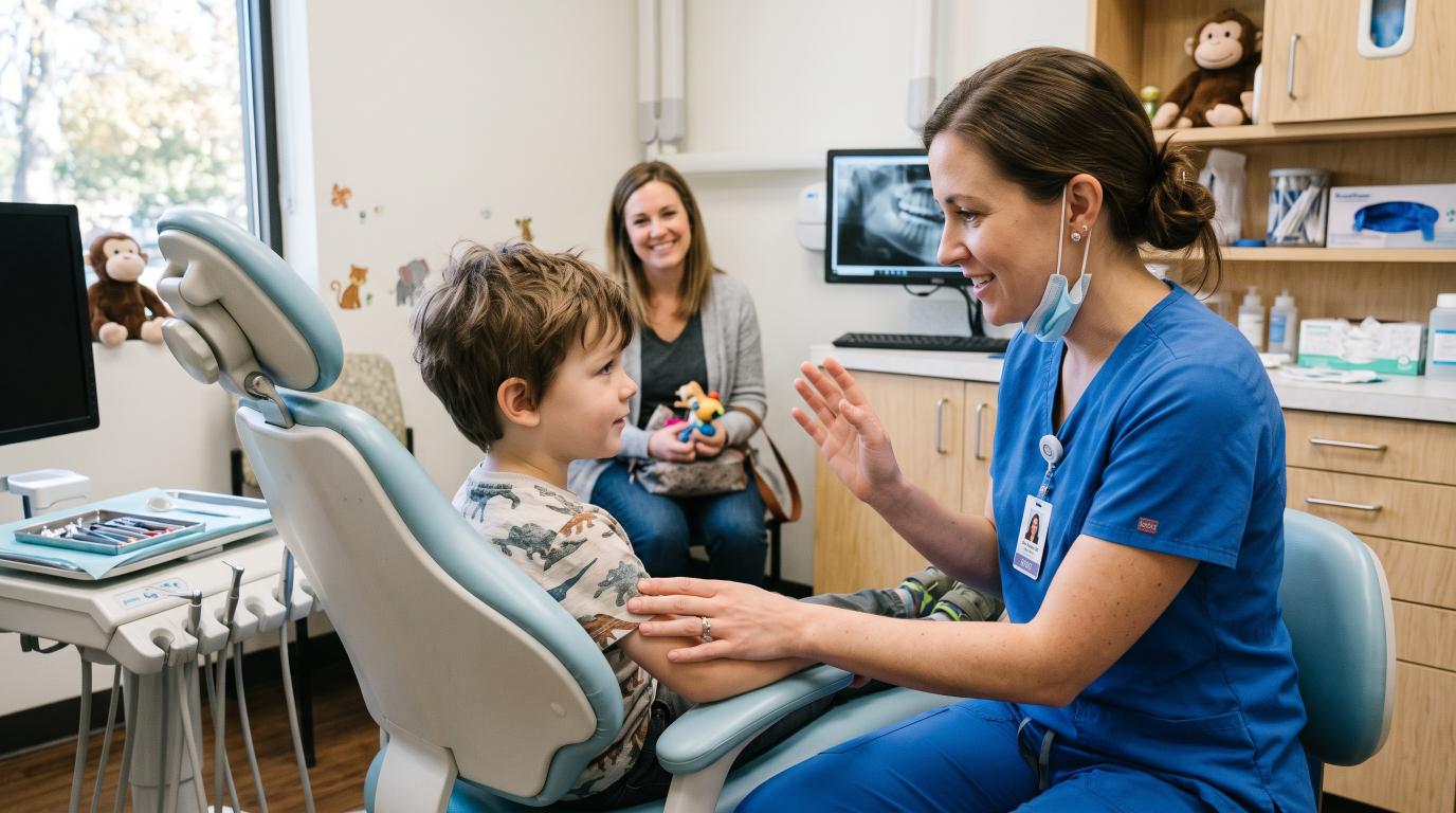 Pediatric dentist talking with a young child before a dental examination