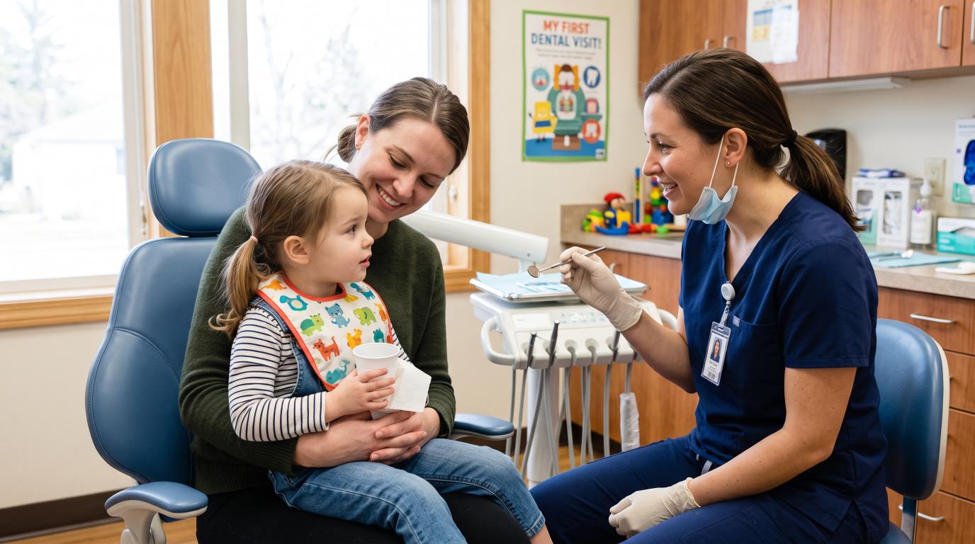Parent holding child during a first pediatric dental examination