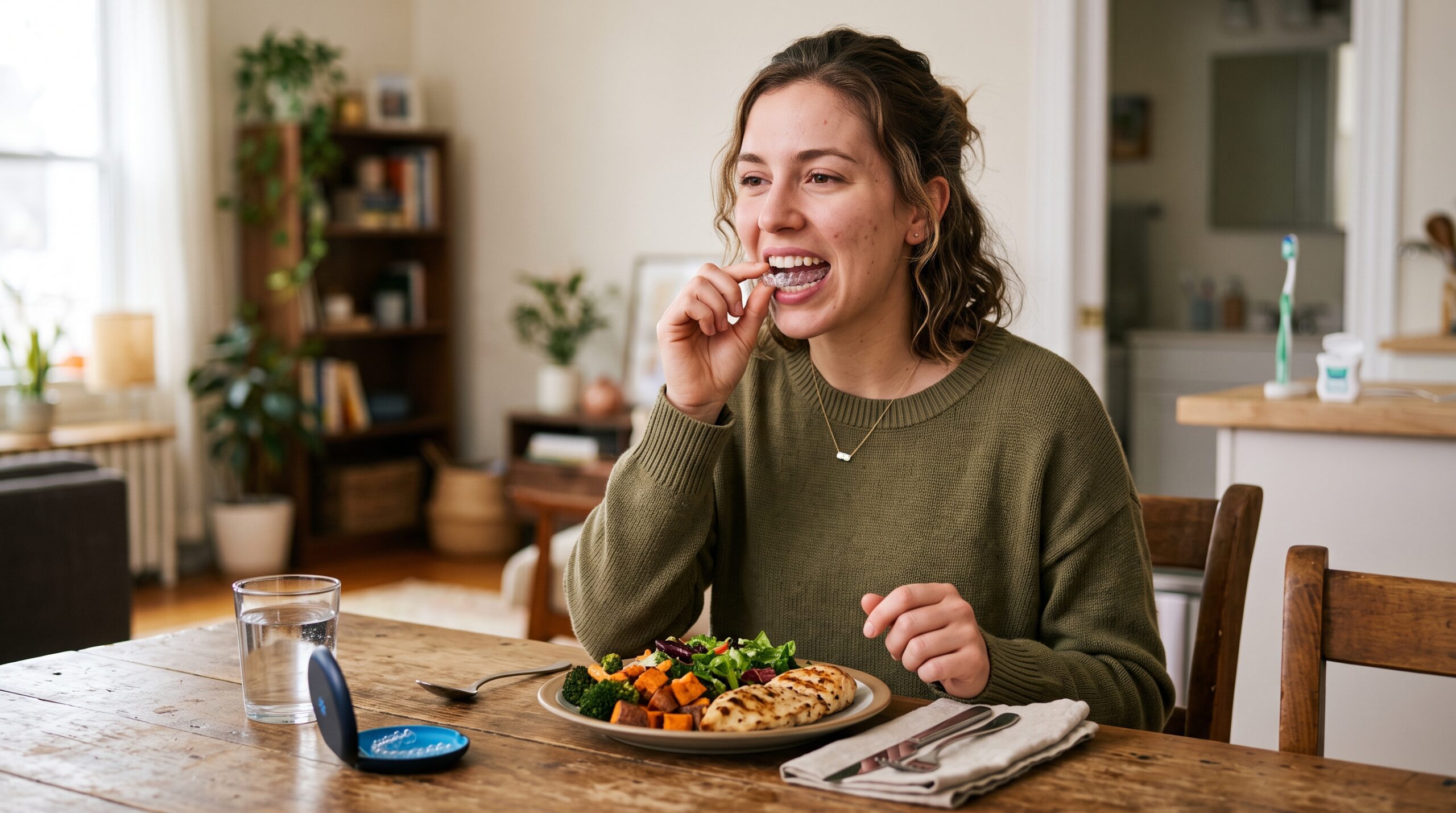 Young adult removing a clear aligner before eating at home