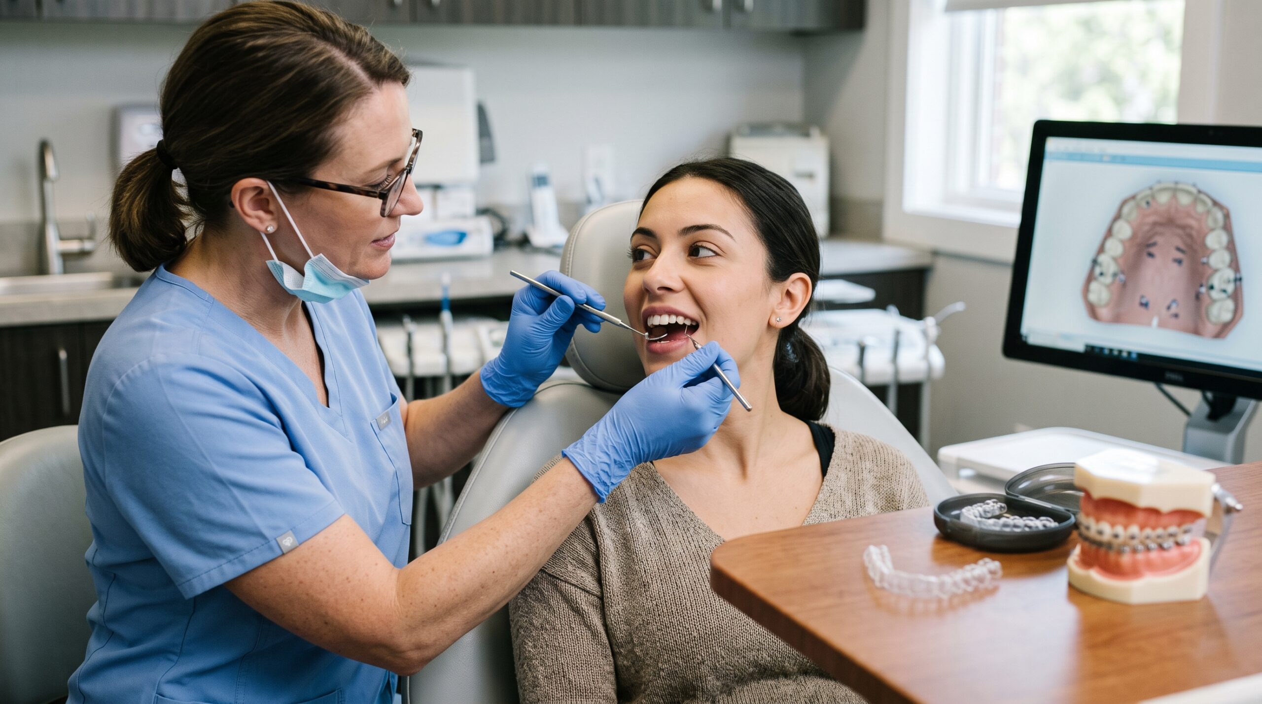 Dentist examining a patient's teeth to discuss orthodontic treatment options